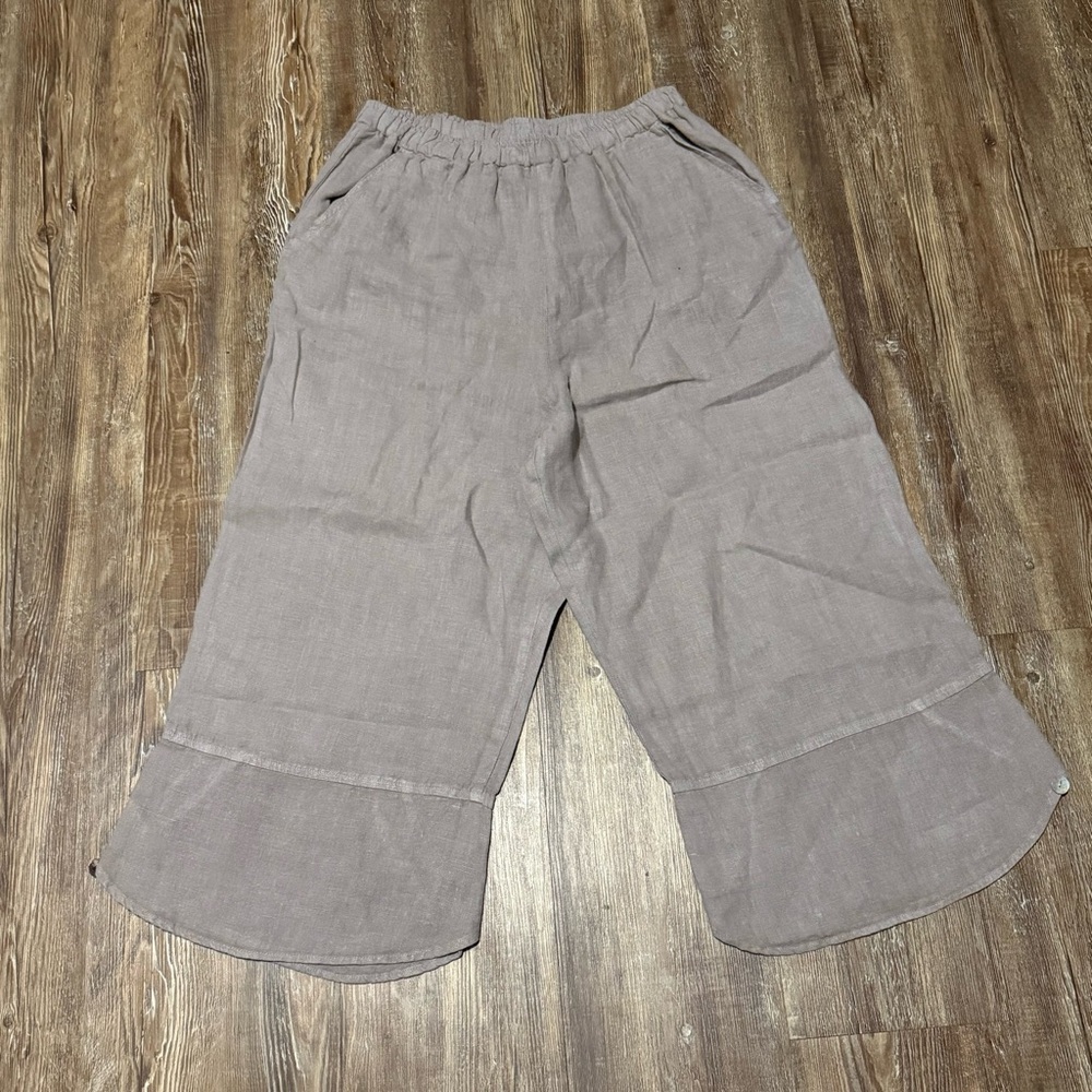 Match Point Wide Leg Cropped Pants Women's L Linen Pull On Gray Spring Fashion